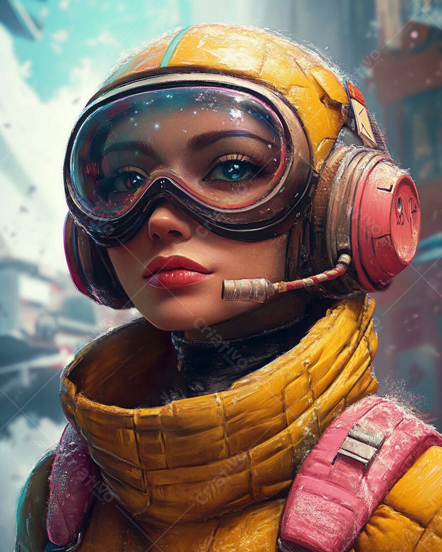 Mulher piloto com capacete amarelo óculos futuristas e olhos azuis vibrantes