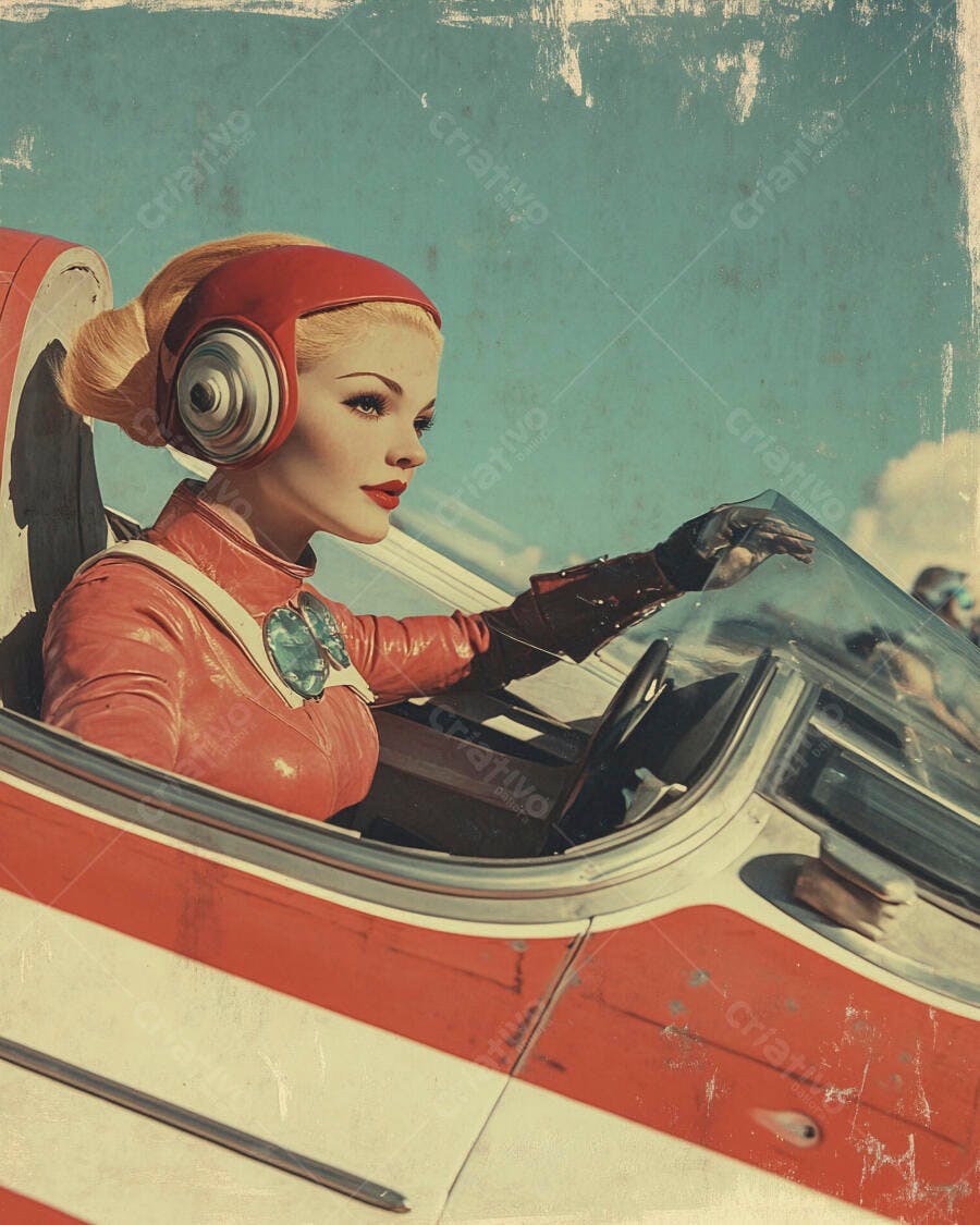Mulher piloto loira confiante em uniforme vermelho veículo retro-futurista