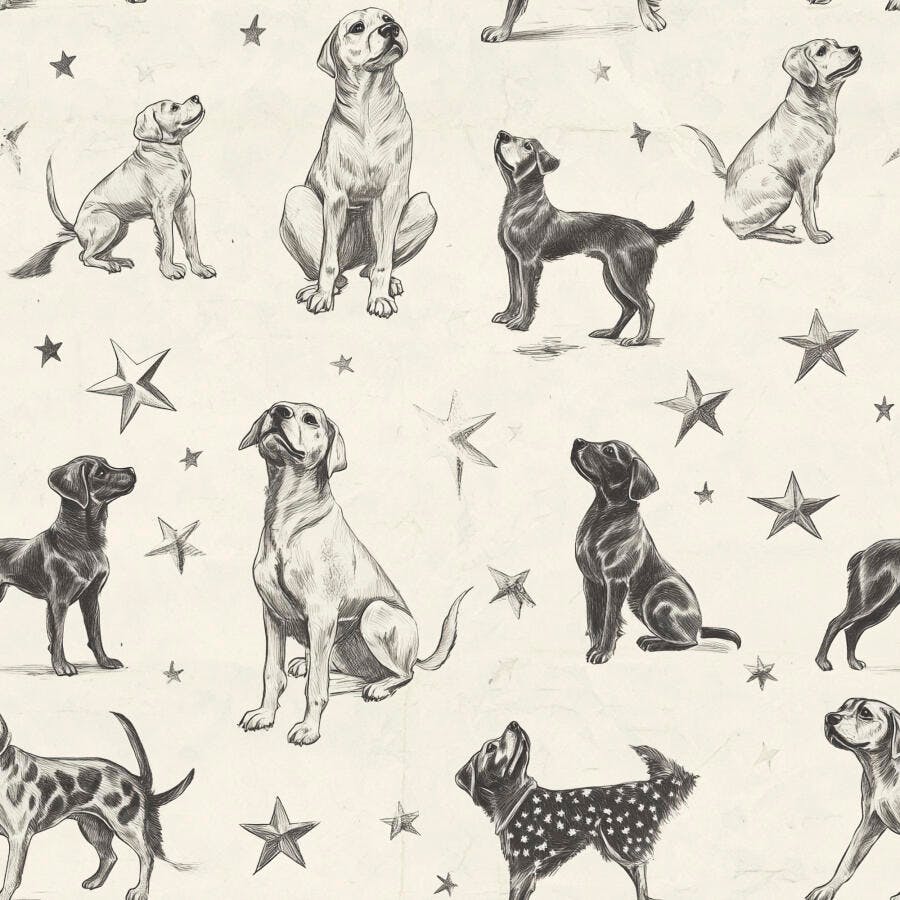 Padrão de cães labradores desenho a lápis e estrelas em fundo creme