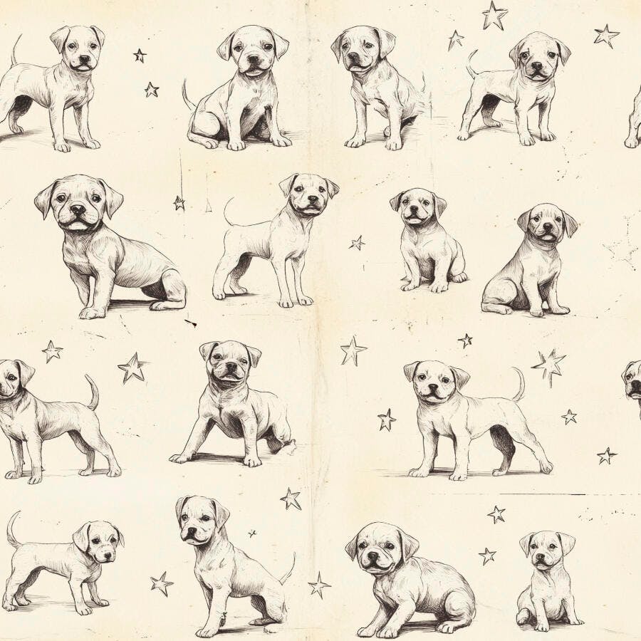 Filhotes de cachorro ilustrados em padrão desenho a lápis vintage