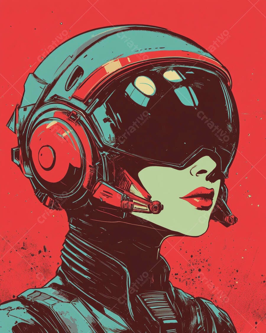 Mulher com capacete futurista azul e vermelho em ilustração cyberpunk vibrante