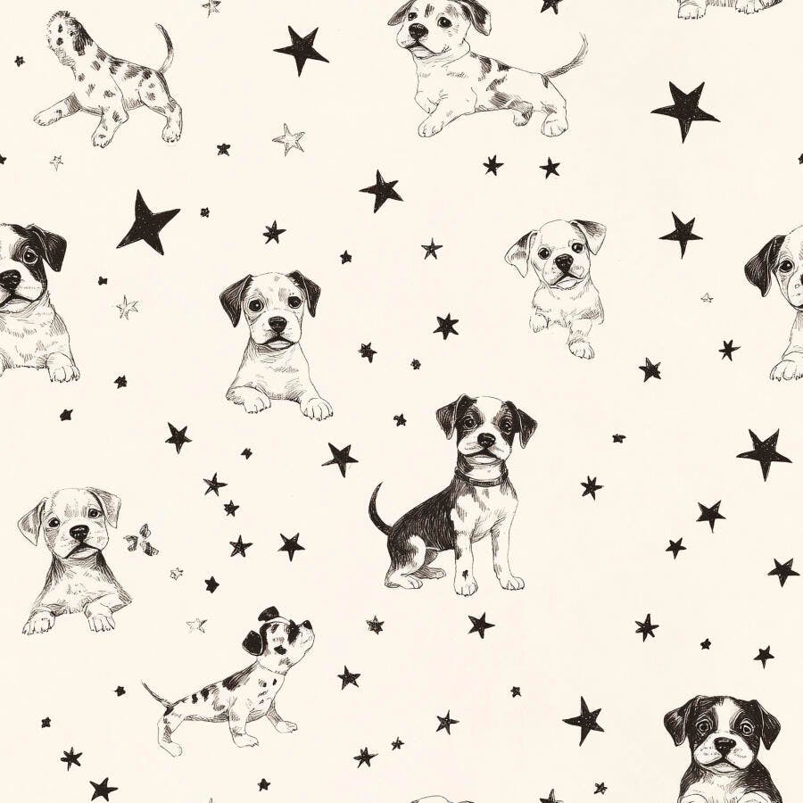 Cachorrinhos fofos em ilustração de padrão com estrelas pretas
