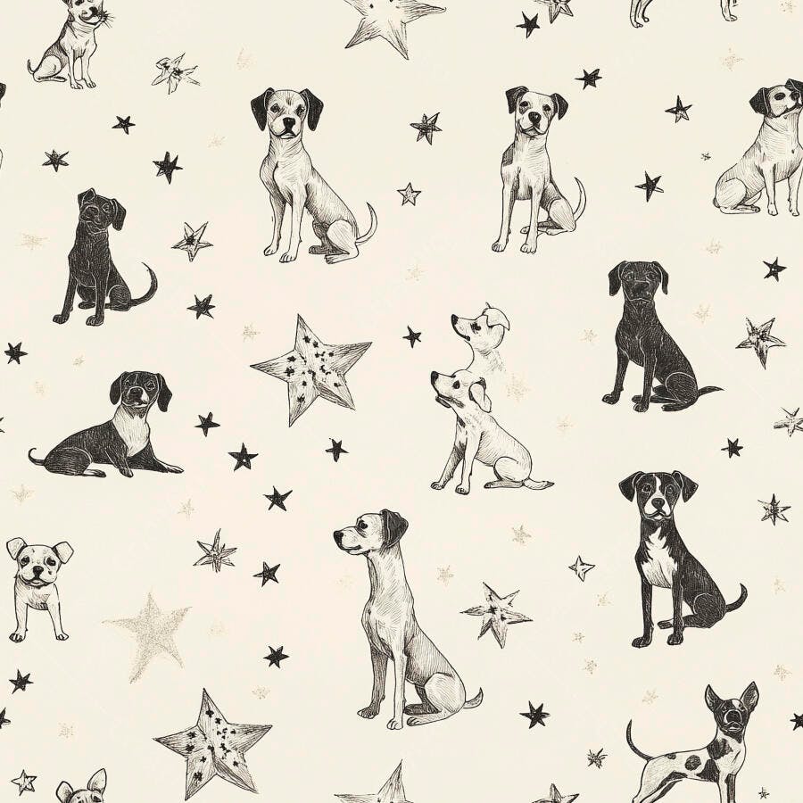 Padrão de cachorros e estrelas desenhados a mão em preto e branco