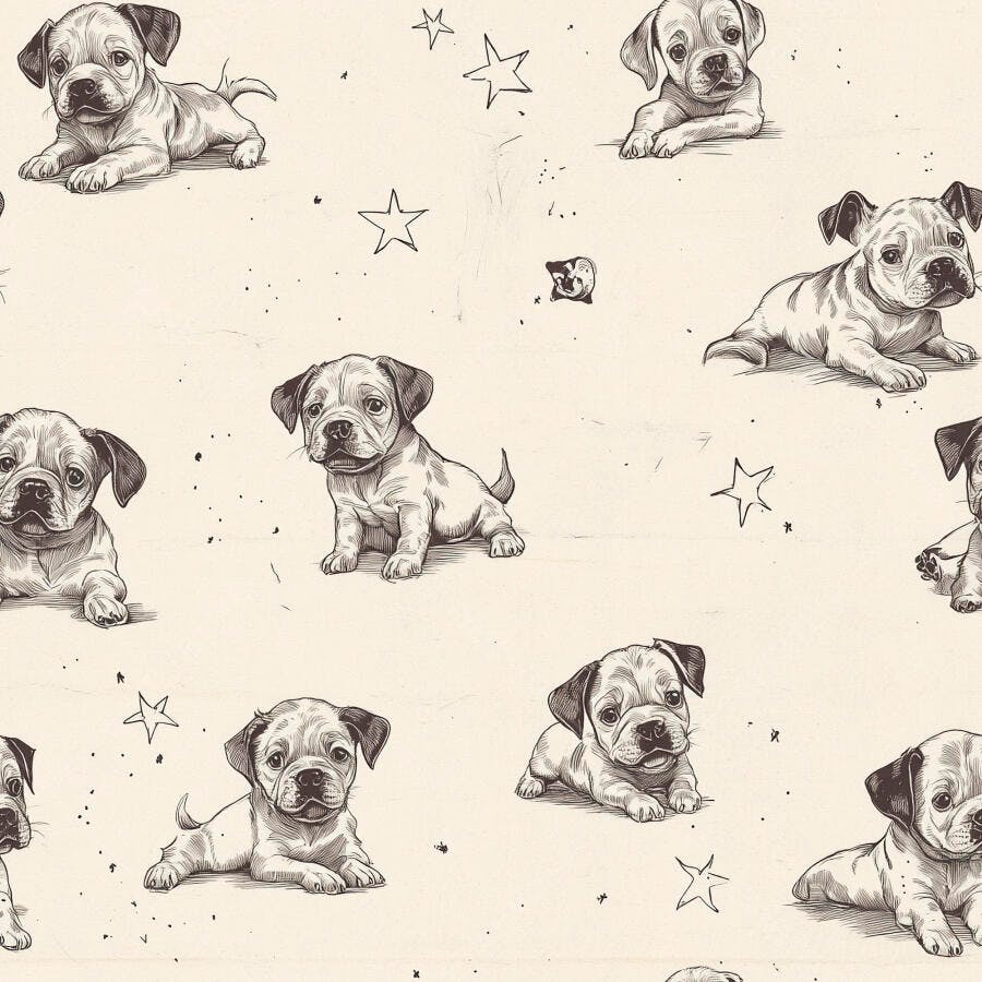 Padrão de filhotes de cachorro desenhados em estilo vintage com estrelas em fundo bege