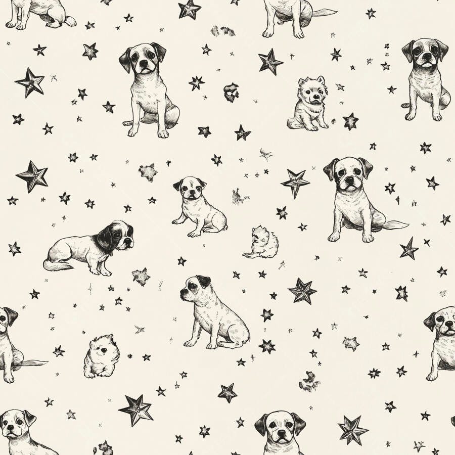 Filhotes de cachorro ilustrados em padrão sem emenda com estrelas e fundo creme