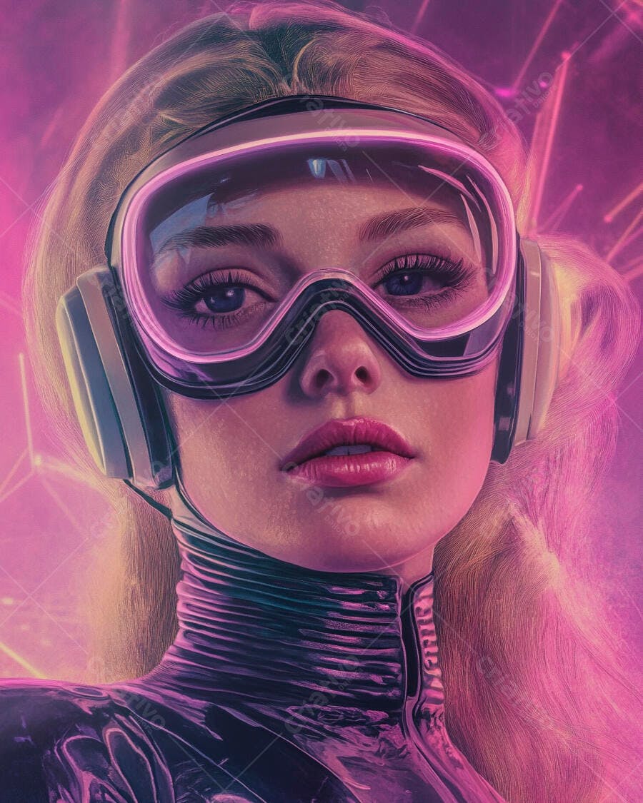 Mulher loira com óculos futurista e fone de ouvido em ambiente neon cyberpunk