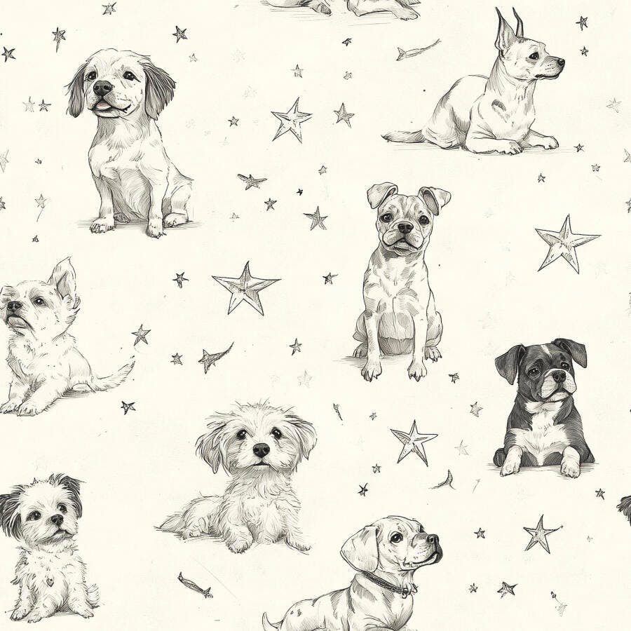 Padrão de filhotes de cães de várias raças com estrelas em preto e branco