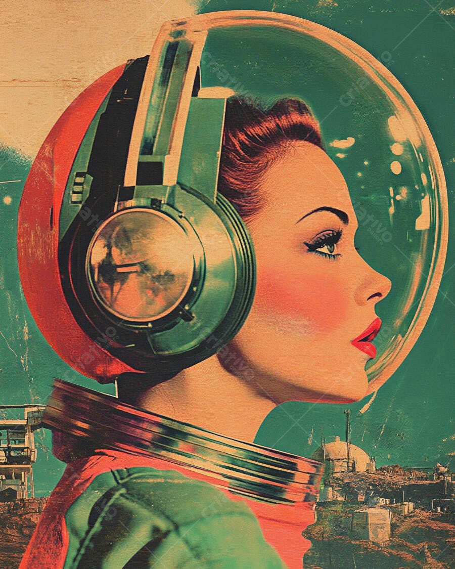 Mulher astronauta retro com fones de ouvido em paisagem futurista verde e laranja