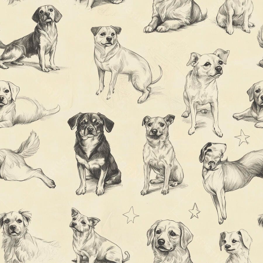 Padrão repetitivo de cães ilustrados em desenho a lápis fundo bege