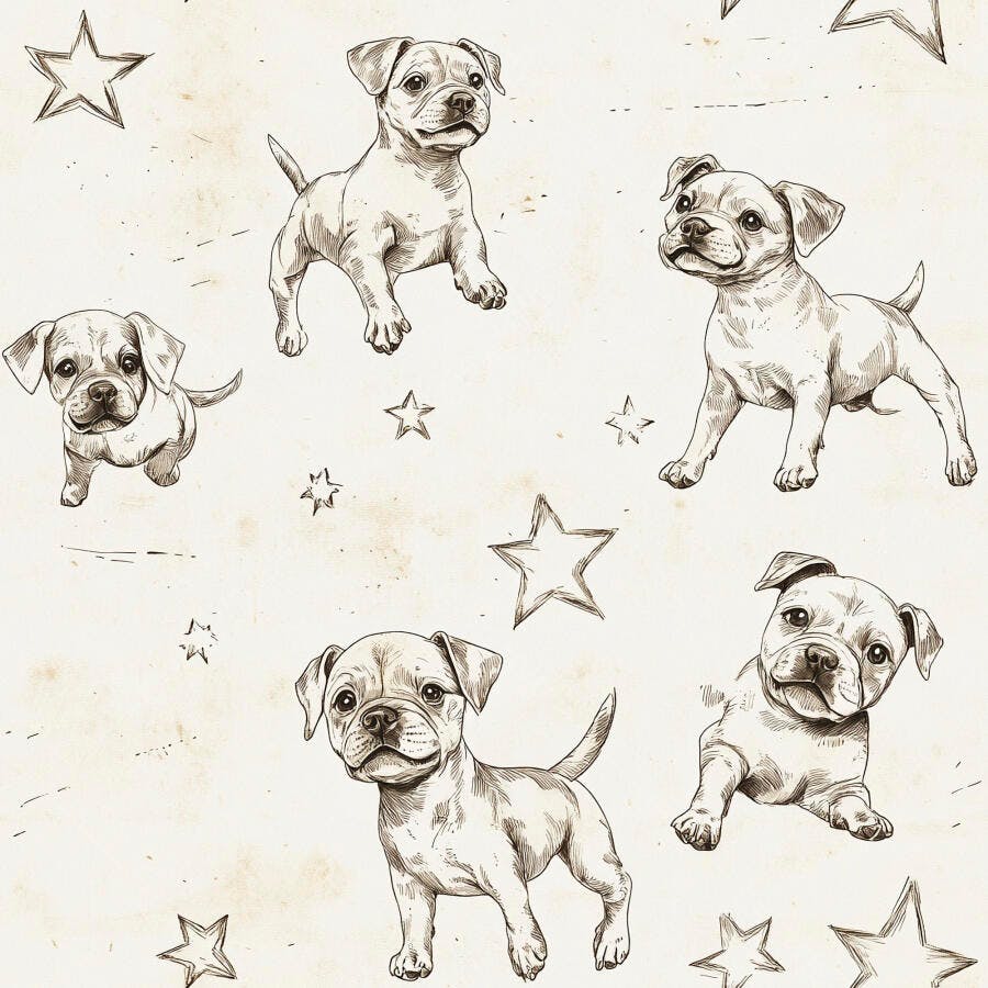 Filhotes de cachorro desenho padrão com estrelas em fundo sépia claro