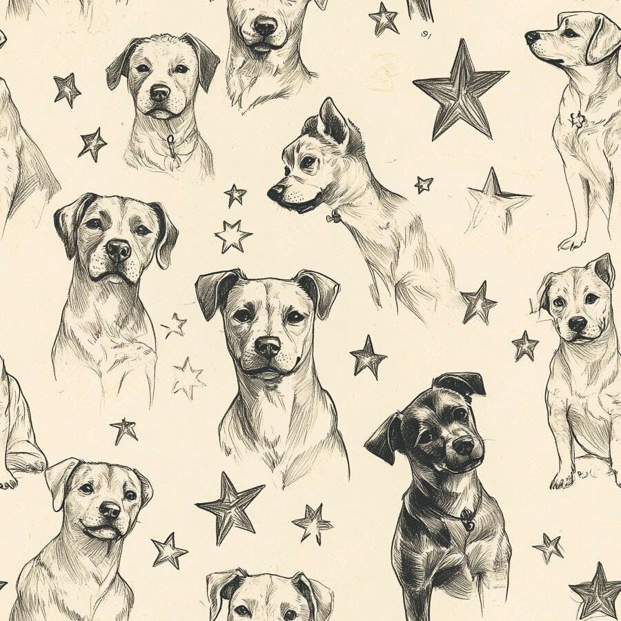 Padrão de ilustrações de cães e estrelas em estilo de esboço vintage