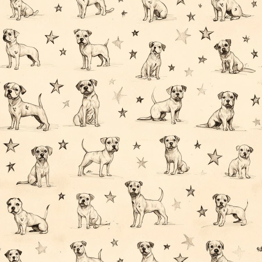 Cães filhotes desenhados à mão com estrelas padrão bege
