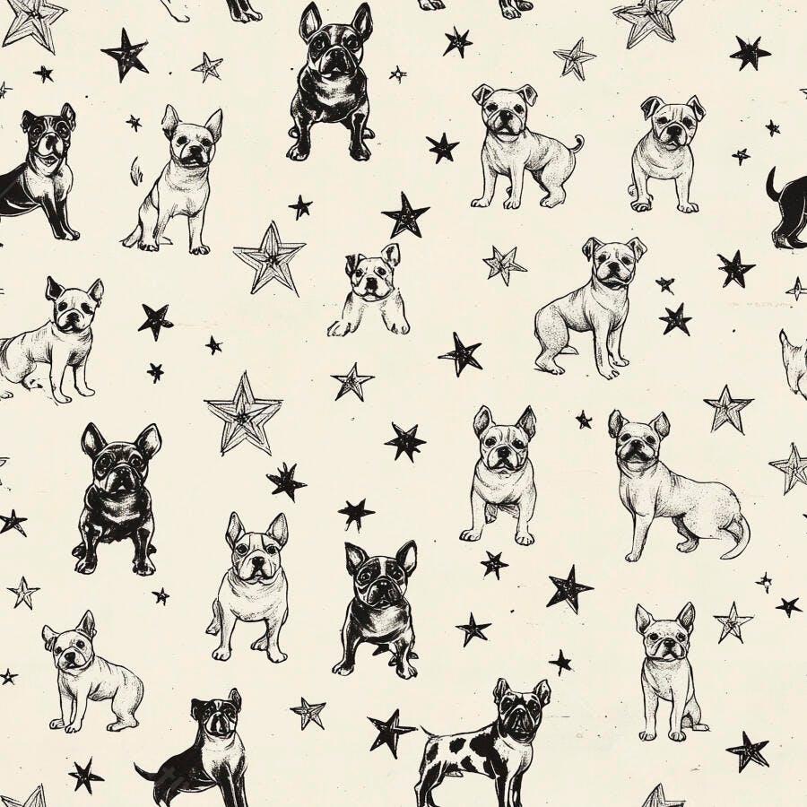 Padrão de buldogues franceses desenhados à mão com estrelas em fundo claro