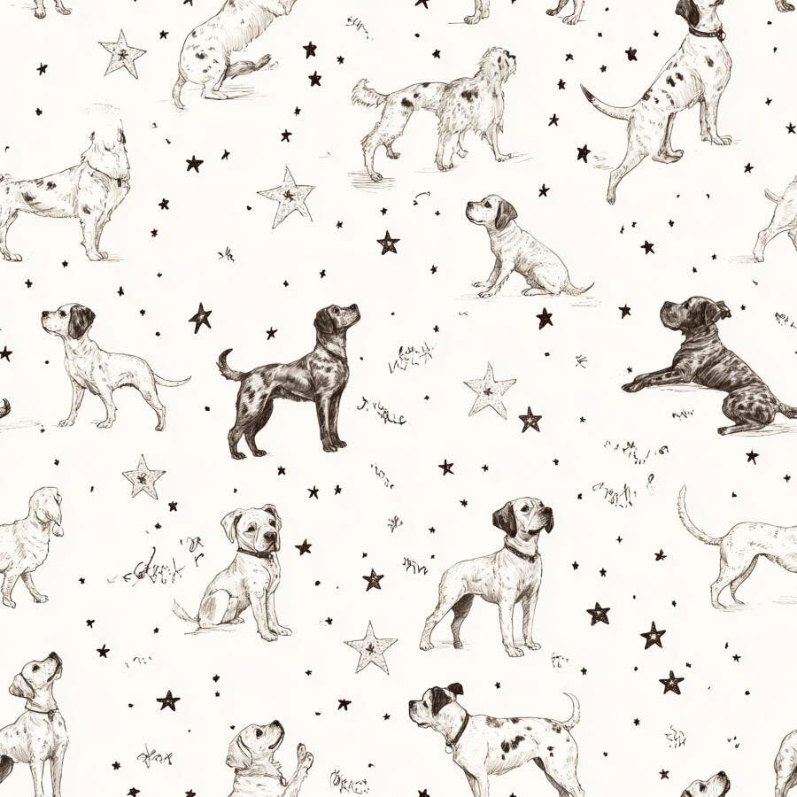 Padrão de cachorros desenhados diversas raças e estrelas em preto e branco