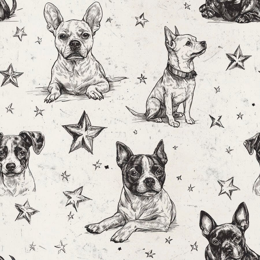 Ilustração de cães pequenos diversas raças padrão preto e branco estrelas