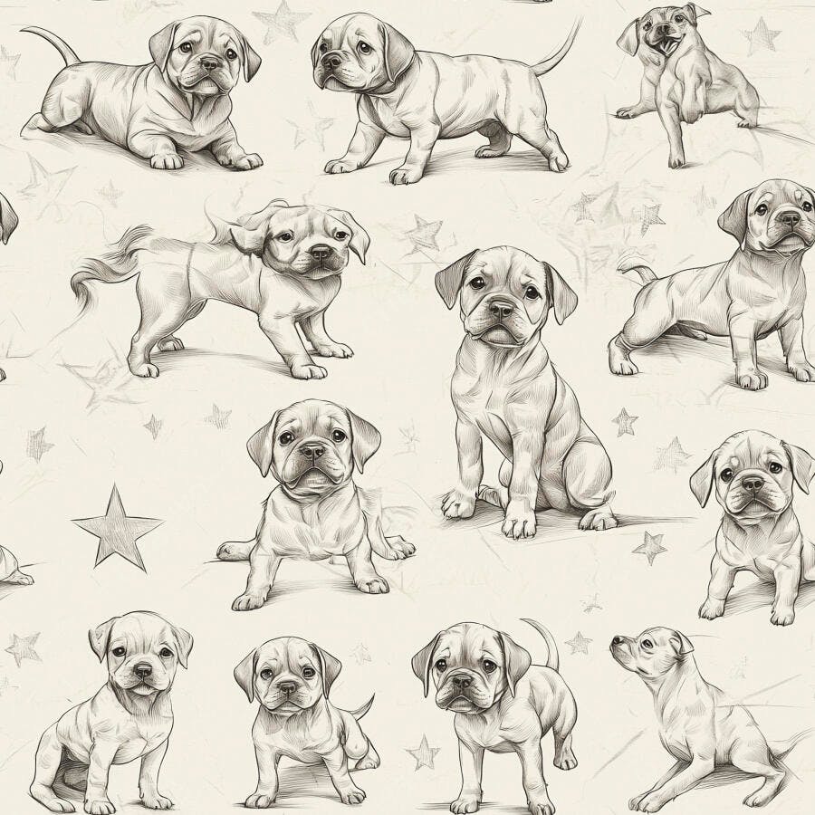 Padrão sem costura com filhotes de cachorro em desenho e estrelas no fundo claro