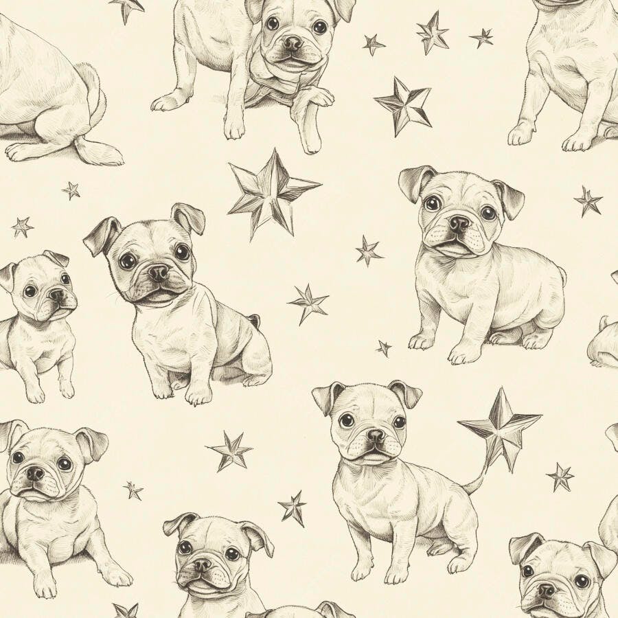 Ilustração de filhotes buldogue francês e estrelas em padrão sem costura bege