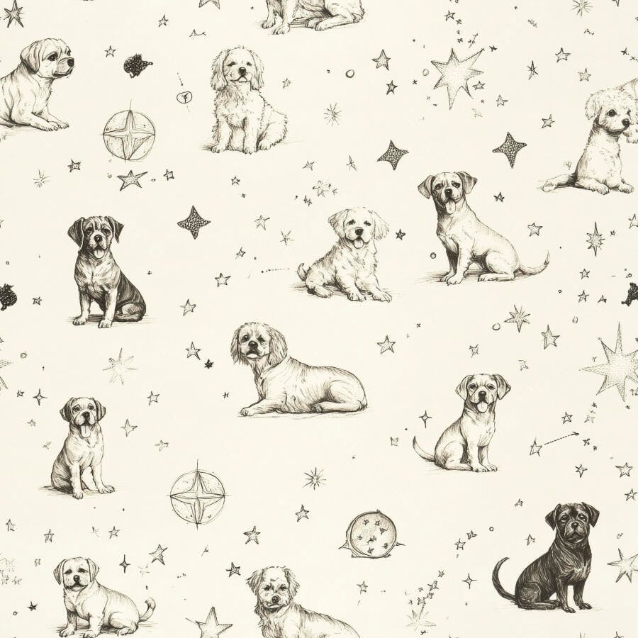 Padrão de filhotes de cães variados e estrelas em desenho monocromático claro