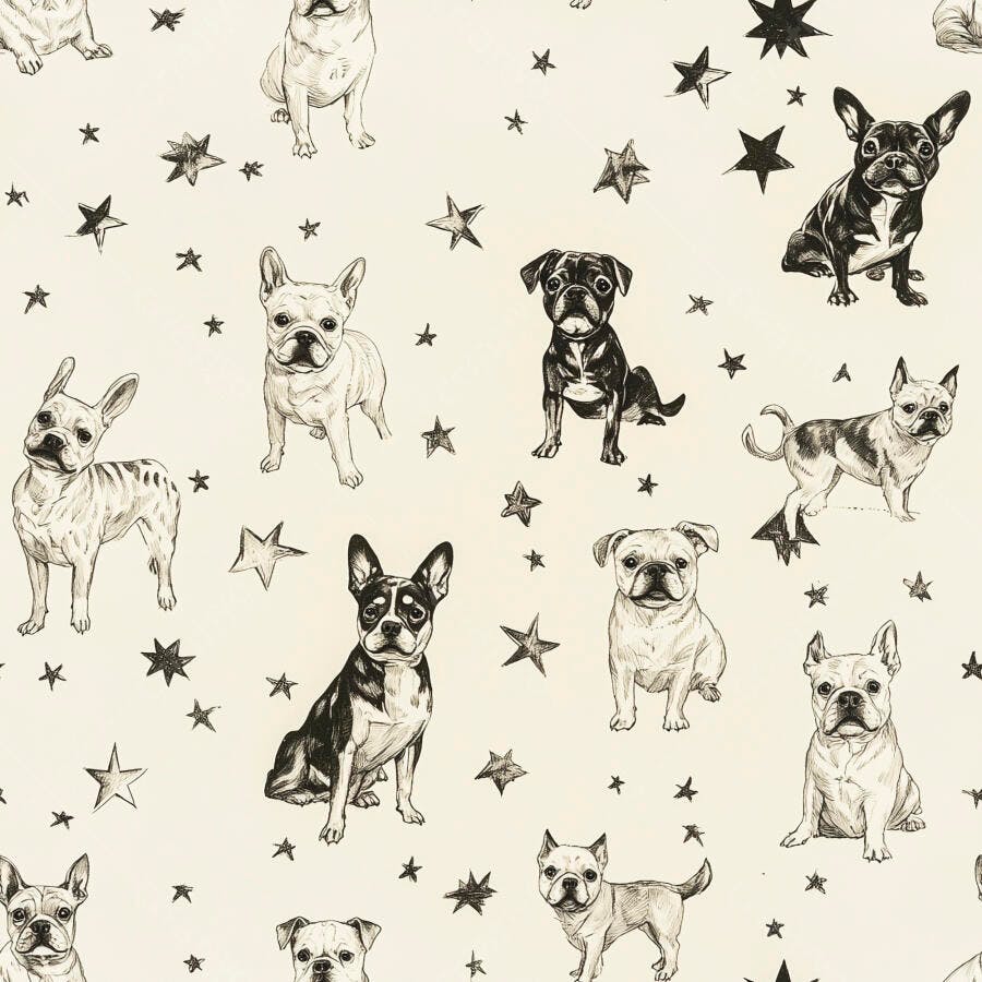 Padrão sem costura de buldogues franceses pugs e estrelas em preto e branco