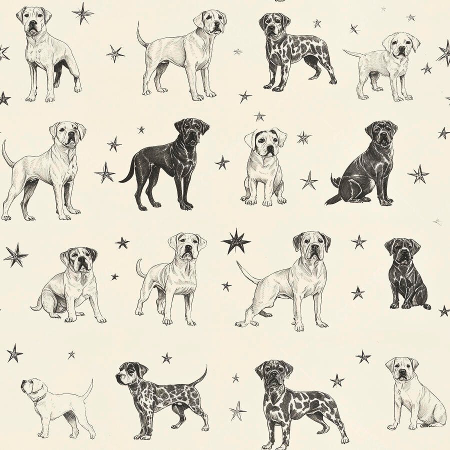 Ilustrações de cães em padrão preto e branco com estrelas para design divertido