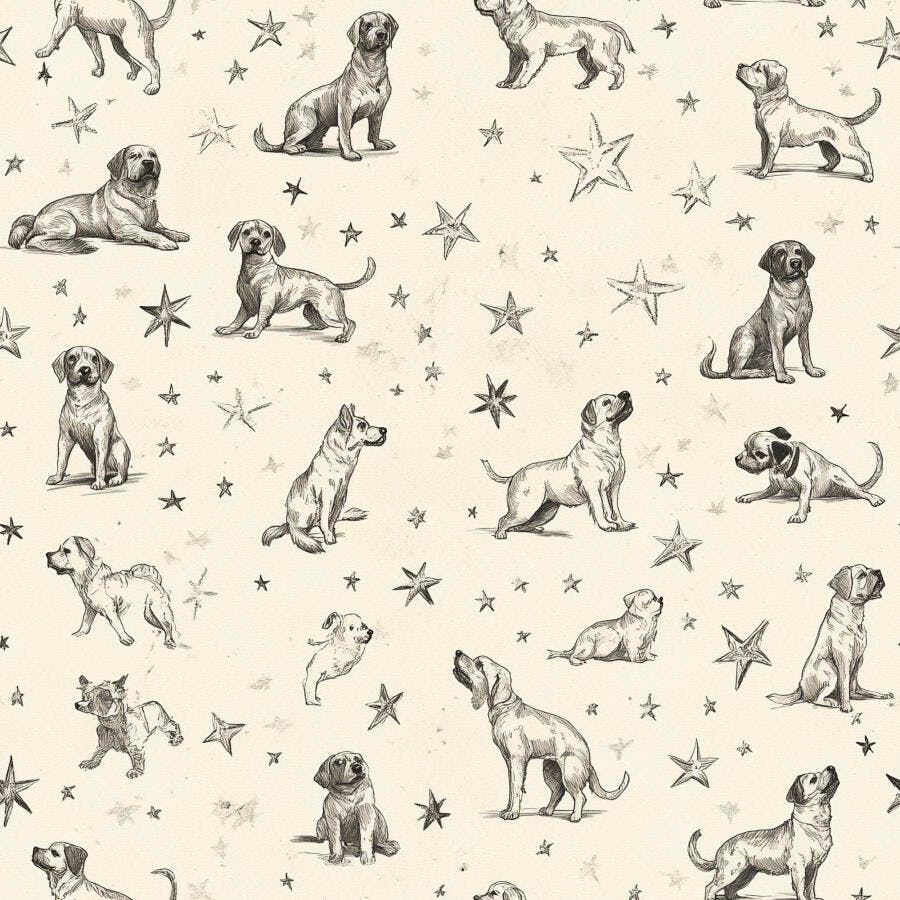 Cães de várias raças em desenho vintage padrão sem costura com estrelas