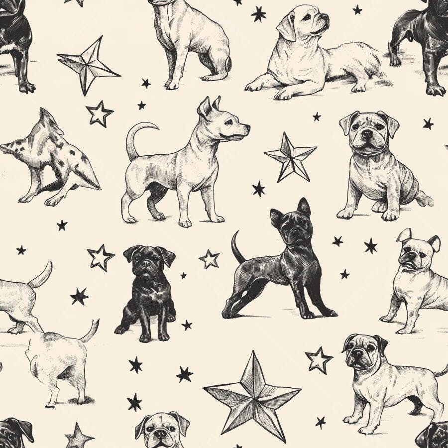 Padrão de filhotes de cães em desenho vintage com estrelas fundo creme