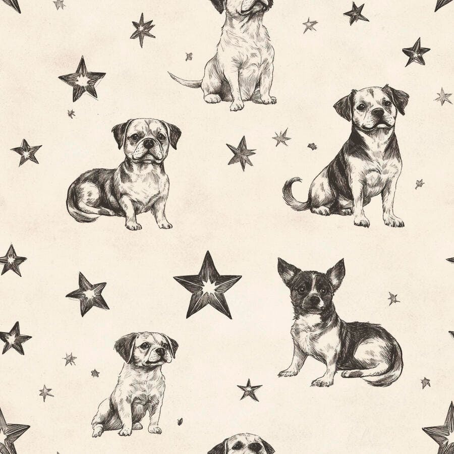 Desenho de cães filhotes e estrelas em padrão sem costura preto e branco
