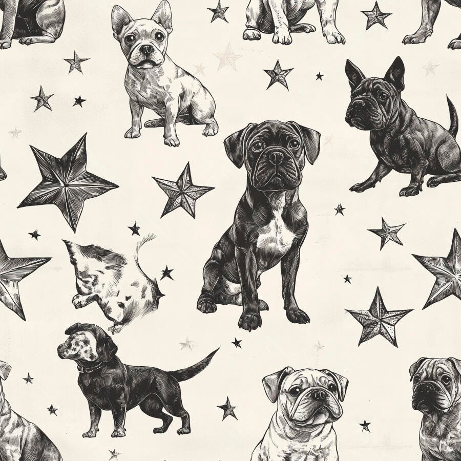 Cães pug bulldog e raças diversas padrão ilustração preto e branco