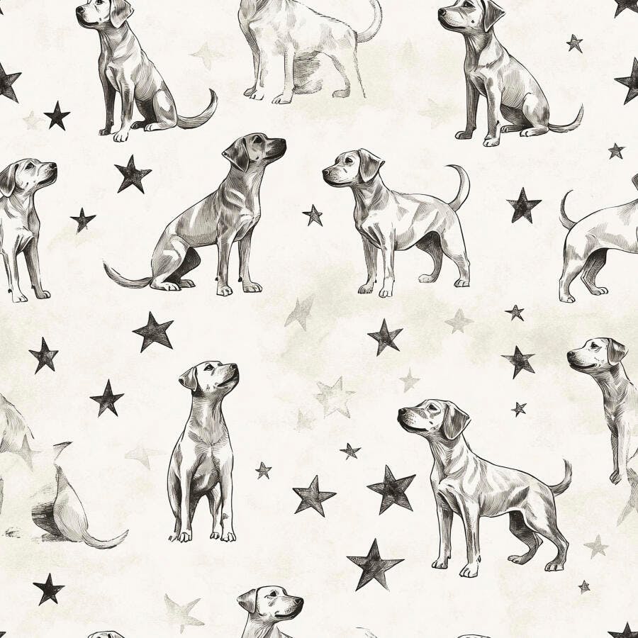 Padrão repetitivo de cães filhotes em estilo desenho com estrelas preto e branco