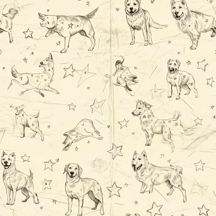 Cães variados em padrão de desenho com estrelas e papel amassado