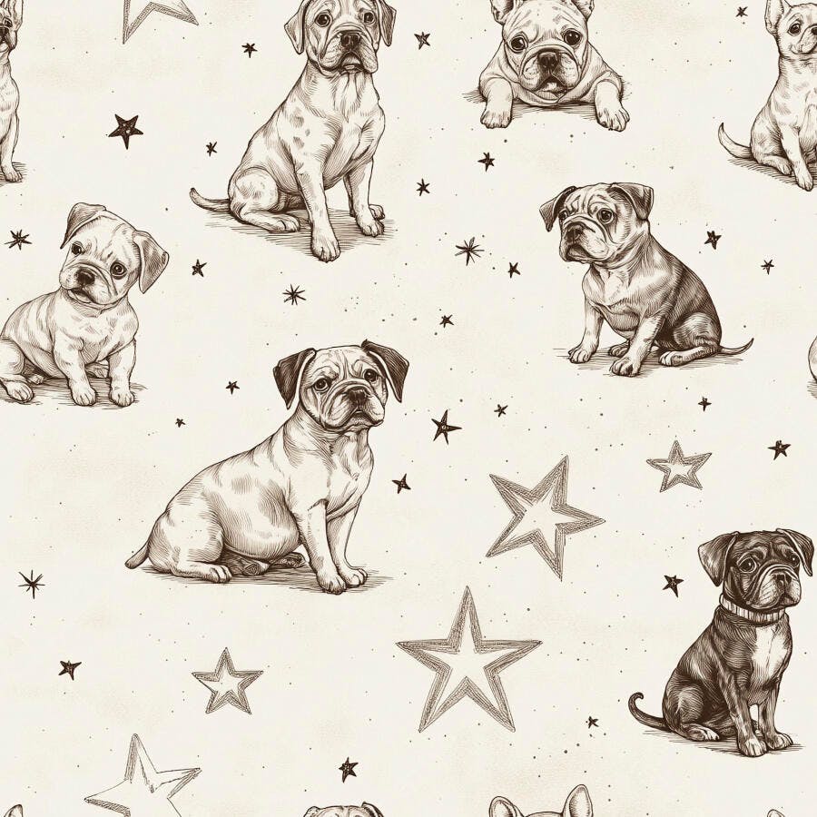 Padrão sem costura de filhotes de bulldog e estrelas em tons sépia