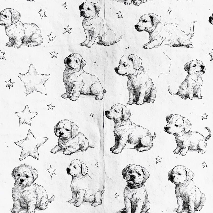 Desenho de filhotes de cachorro fofos com estrelas em fundo branco
