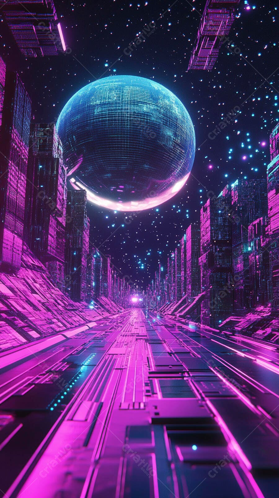 Cidade futurista neon com esfera brilhante no céu estrelado