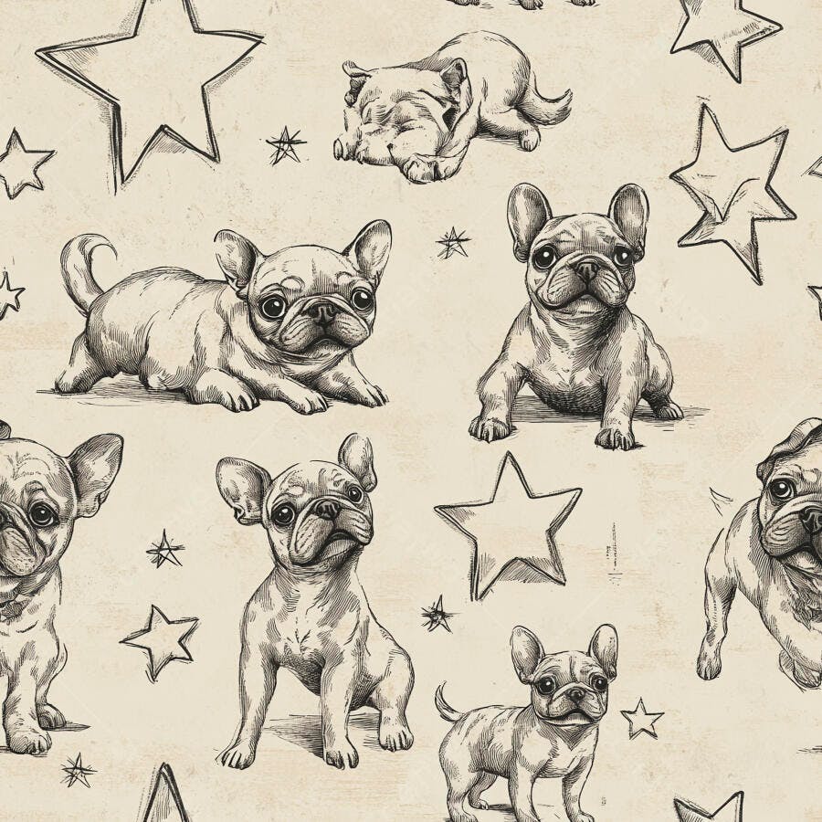 Padrão de filhotes Buldogue Francês desenhados a mão com estrelas