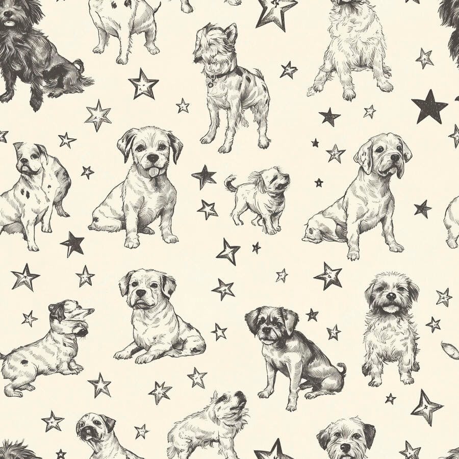 Padrão de cachorros fofos ilustrados com estrelas em fundo creme