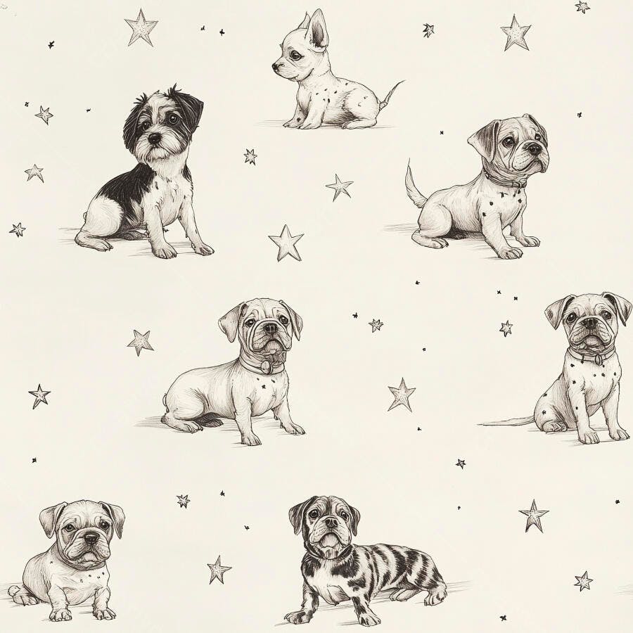 Filhotes de cachorro em ilustração estilo desenho preto e branco com estrelas fofas