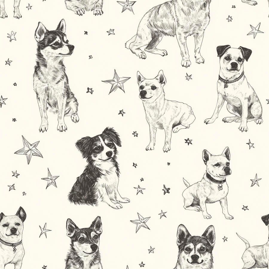 Padrão sem emenda de cães e filhotes desenhados à mão com estrelas estilo sketch