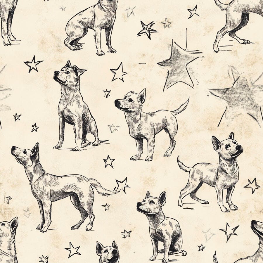 Padrão de cachorros diversos desenhados à mão com estrelas em fundo bege