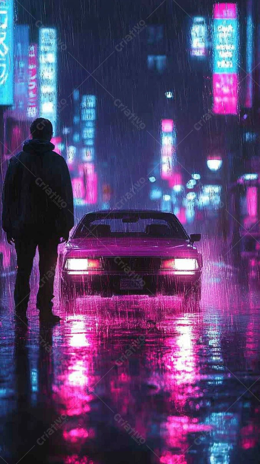 Homem com carro magenta em rua chuvosa de neon cibernético noturno