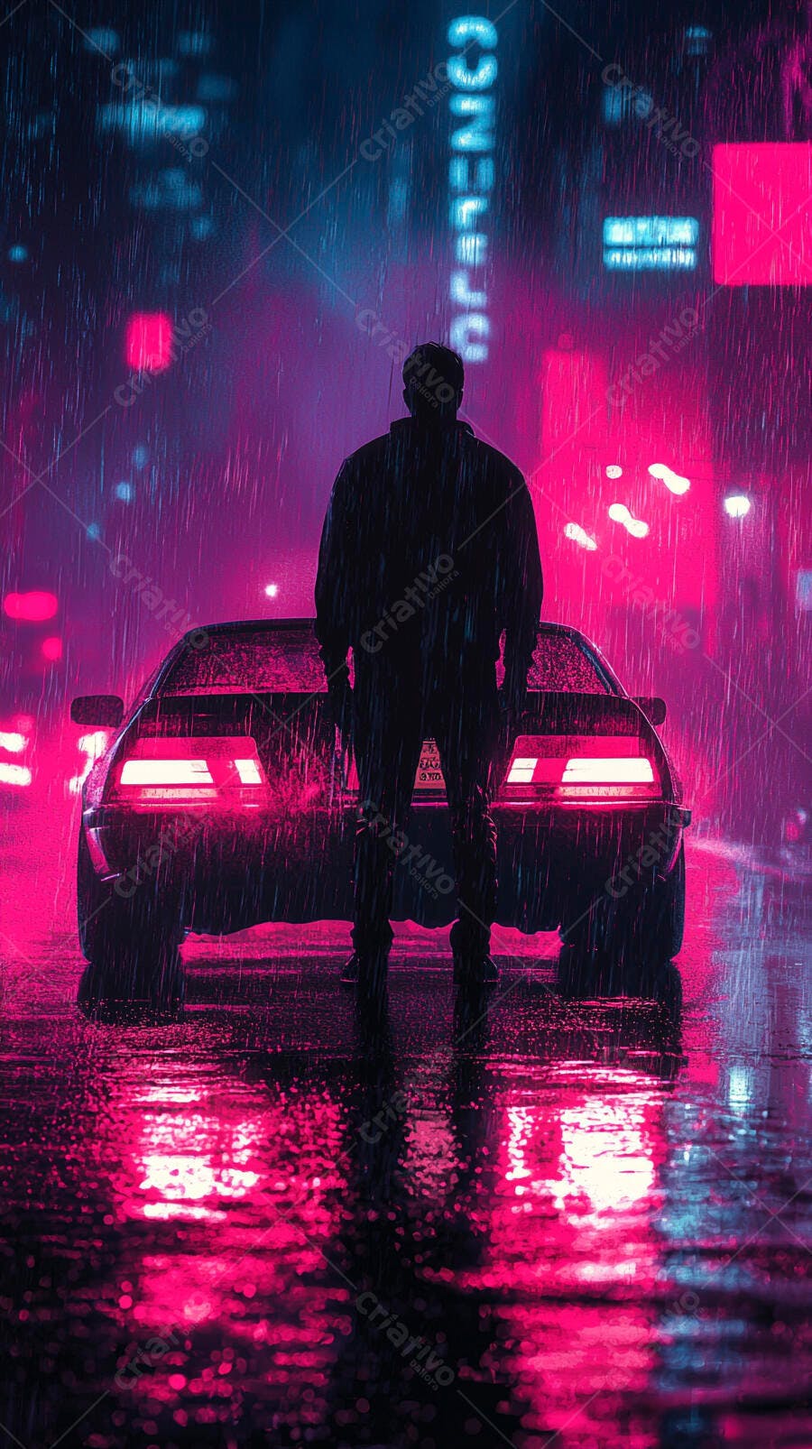 Homem de pé em frente a carro sob chuva neon rosa e azul na cidade noturna