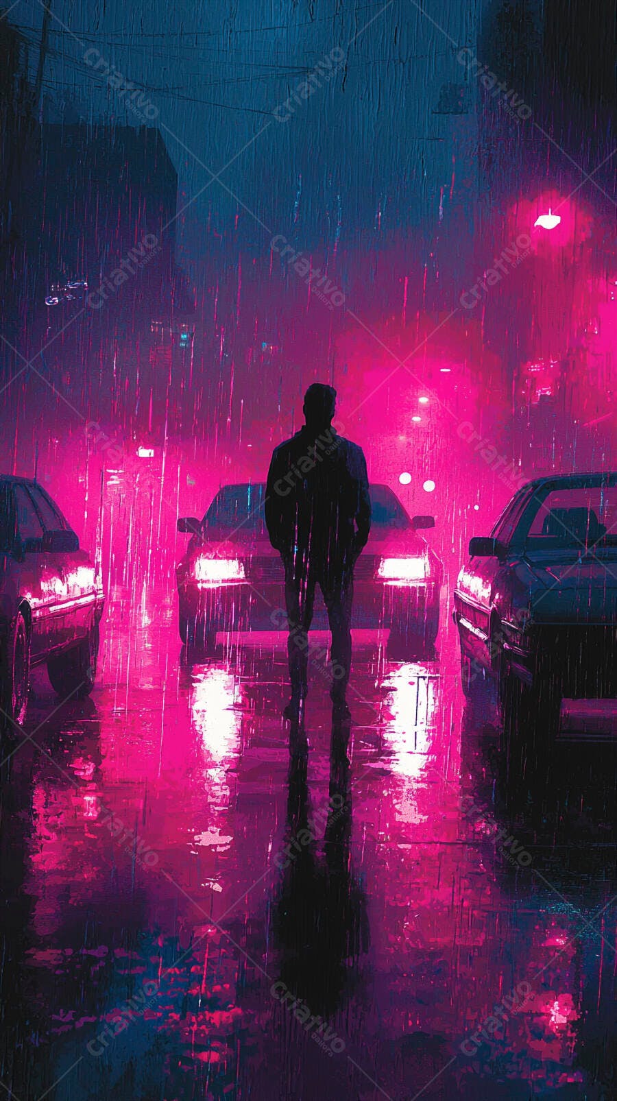 Homem em silhueta na rua chuvosa com luzes neon rosa e azul noturno