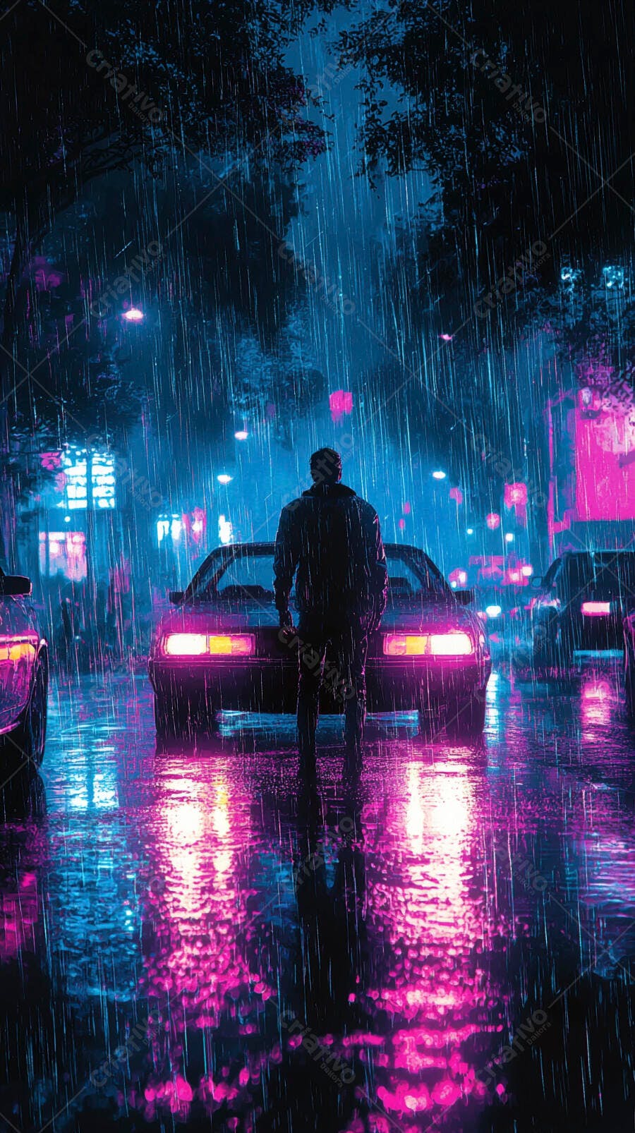 Homem de jaqueta em rua chuvosa noturna com luzes neon rosa e azul