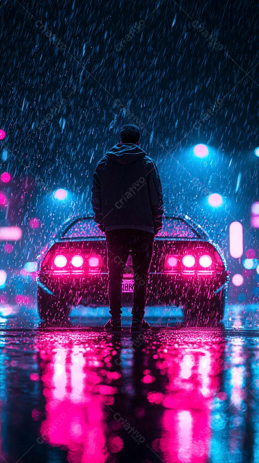 Homem em pé na chuva neon com carro esportivo rosa e azul na rua molhada