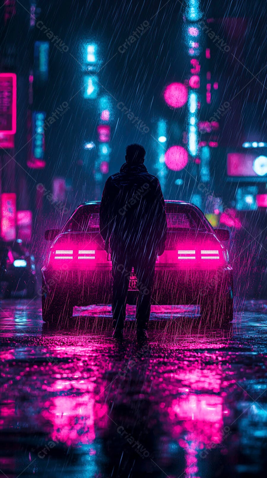 Homem de costas na chuva noturna com carro neon na cidade cyberpunk