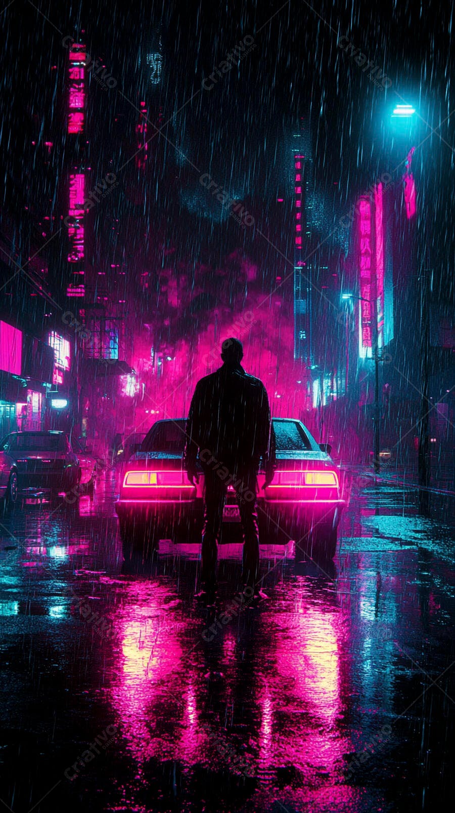 Homem misterioso na chuva noturna em rua neon cyberpunk