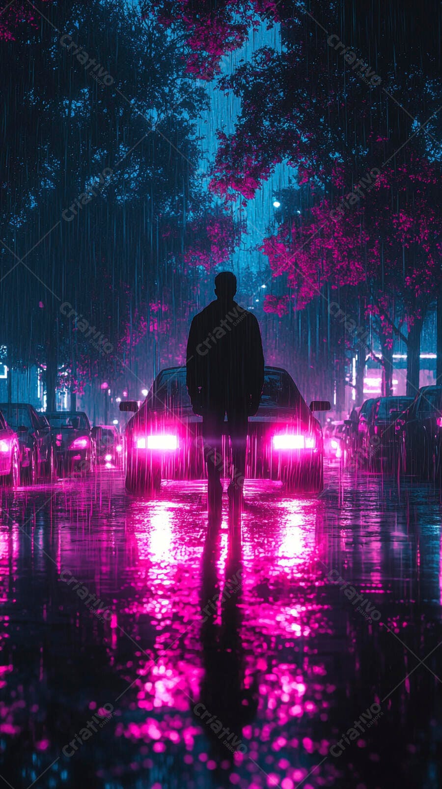 Homem solitário em rua molhada sob chuva neon rosa azul noturna