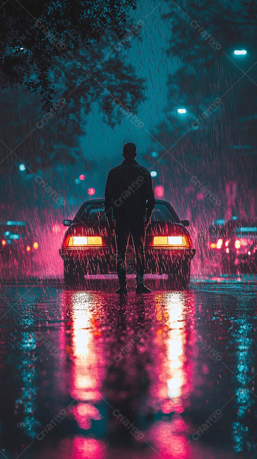 Homem em pé na chuva noturna com carro iluminado por reflexos neon rosa e azul