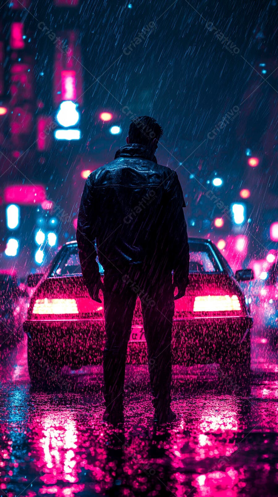 Homem de jaqueta preta sob chuva neon em rua urbana à noite