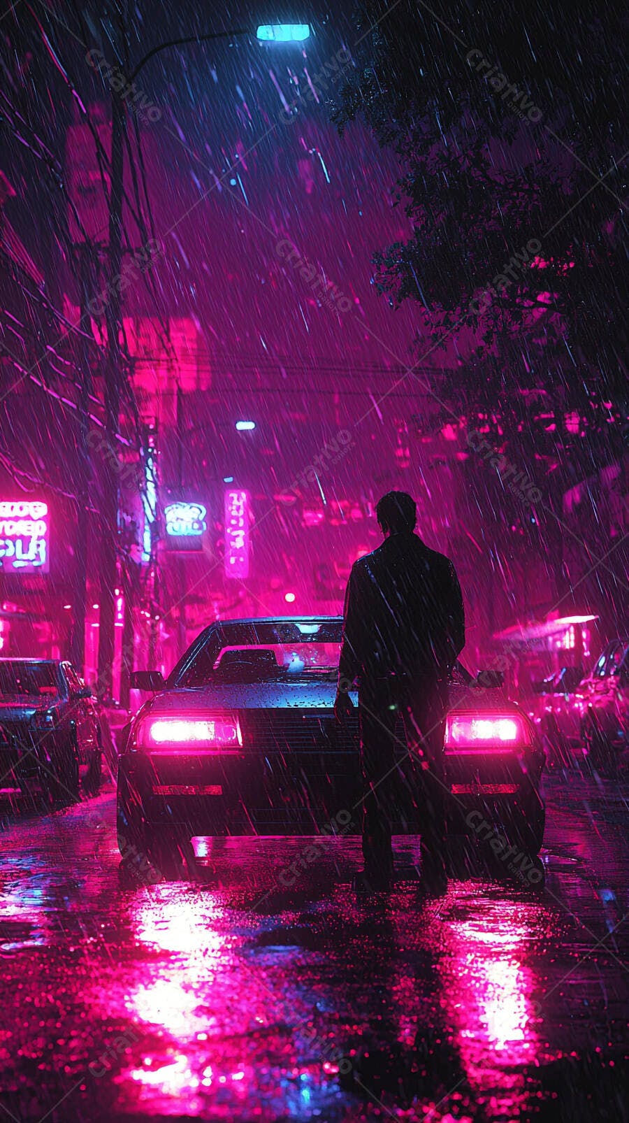 Homem de casaco em silhueta na chuva com carro neon rosa na rua urbana noturna