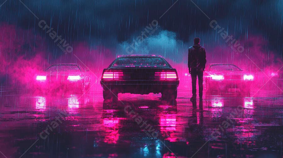 Homem carros esportivos neon rosa na chuva noturna estilo cyberpunk